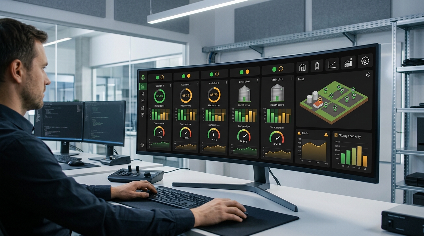 GrainGuard monitoring dashboard showing real-time grain storage health indicators