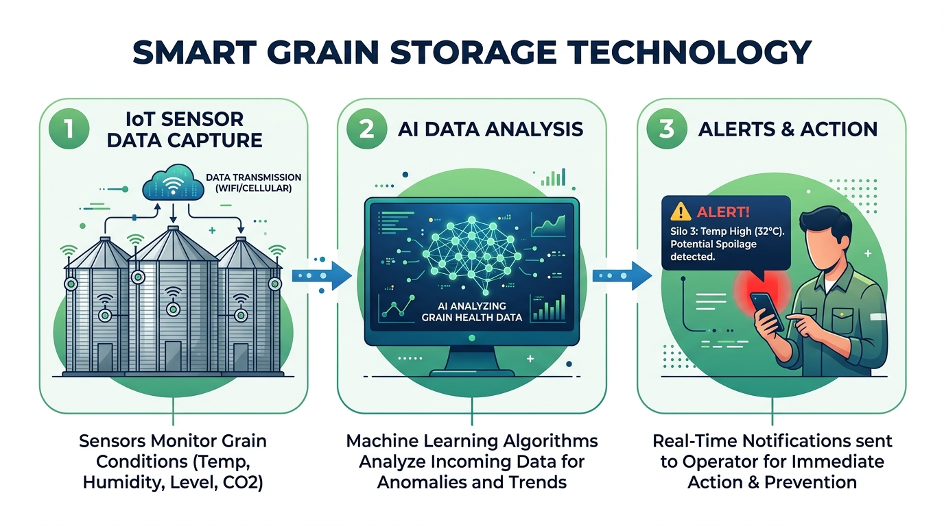 GrainGuard technology pipeline: IoT sensors capture data, AI analyzes grain health, operators receive real-time alerts