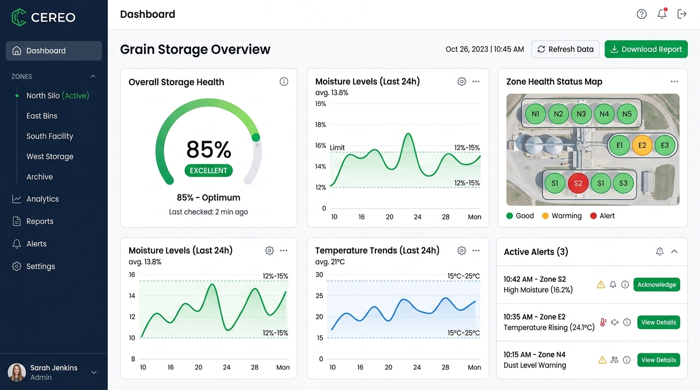 GrainGuard SaaS dashboard showing grain storage overview with health scores, moisture levels, and zone maps